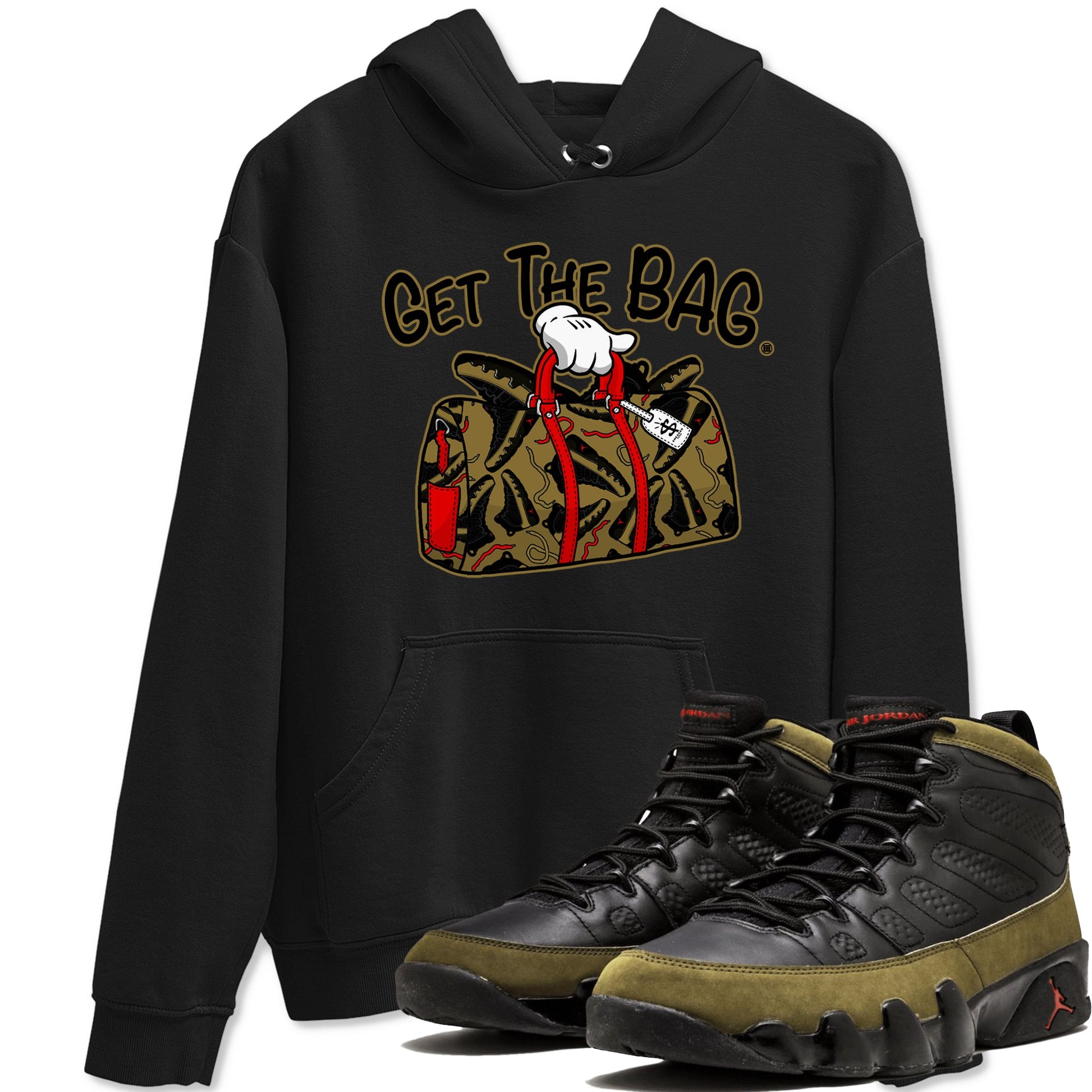 9s Olive shirts to match jordans Get The Bag sneaker match tees Air Jordan 9 Olive match shoes to clothes SNRT Sneaker Tees unisex cotton Black 1 shirts