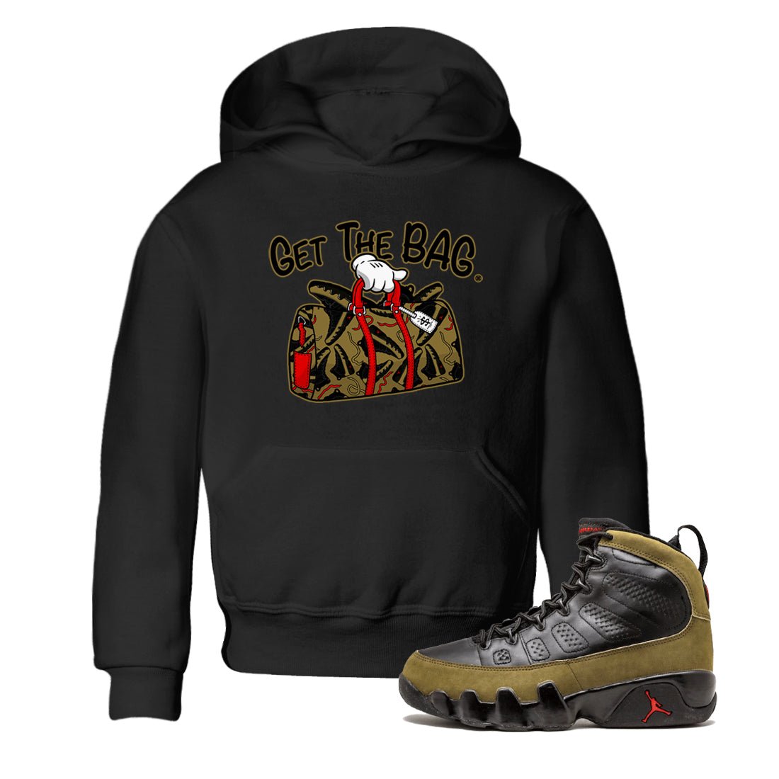 9s Olive shirts to match jordans Get The Bag sneaker match tees Air Jordan 9 Olive match shoes to clothes SNRT Sneaker Tees Youth Baby Black 1 tee