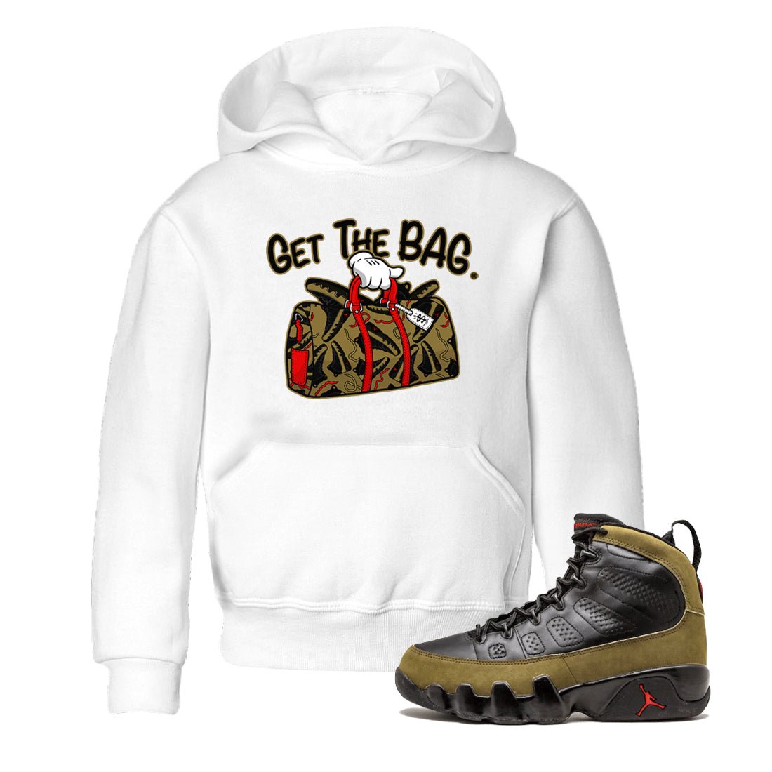 9s Olive shirts to match jordans Get The Bag sneaker match tees Air Jordan 9 Olive match shoes to clothes SNRT Sneaker Tees Youth Baby White 1 tee