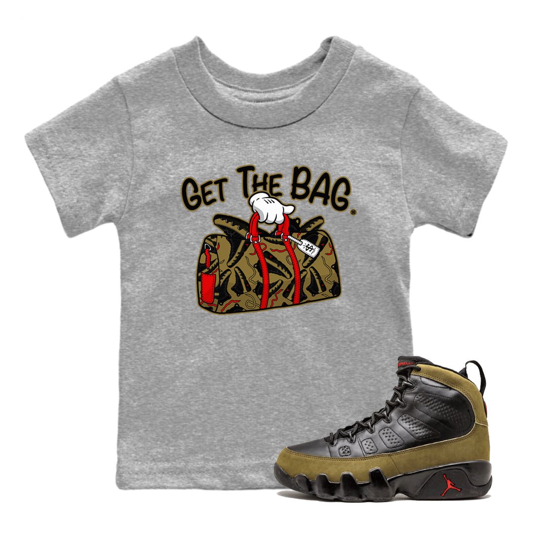 9s Olive shirts to match jordans Get The Bag sneaker match tees Air Jordan 9 Olive match shoes to clothes SNRT Sneaker Tees Youth Baby Heather Grey 1 tee