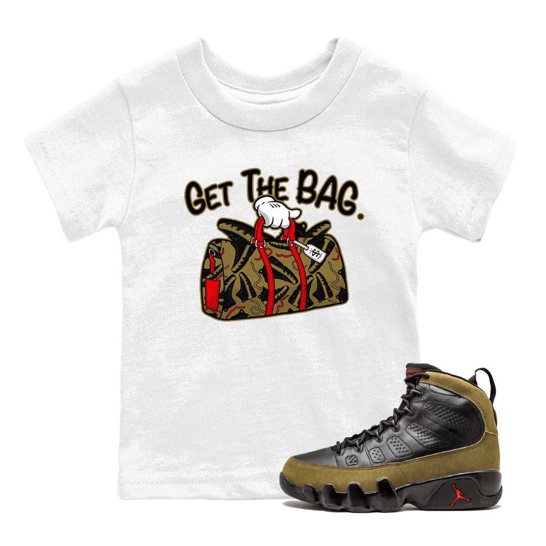 9s Olive shirts to match jordans Get The Bag sneaker match tees Air Jordan 9 Olive match shoes to clothes SNRT Sneaker Tees Youth Baby White 1 tee