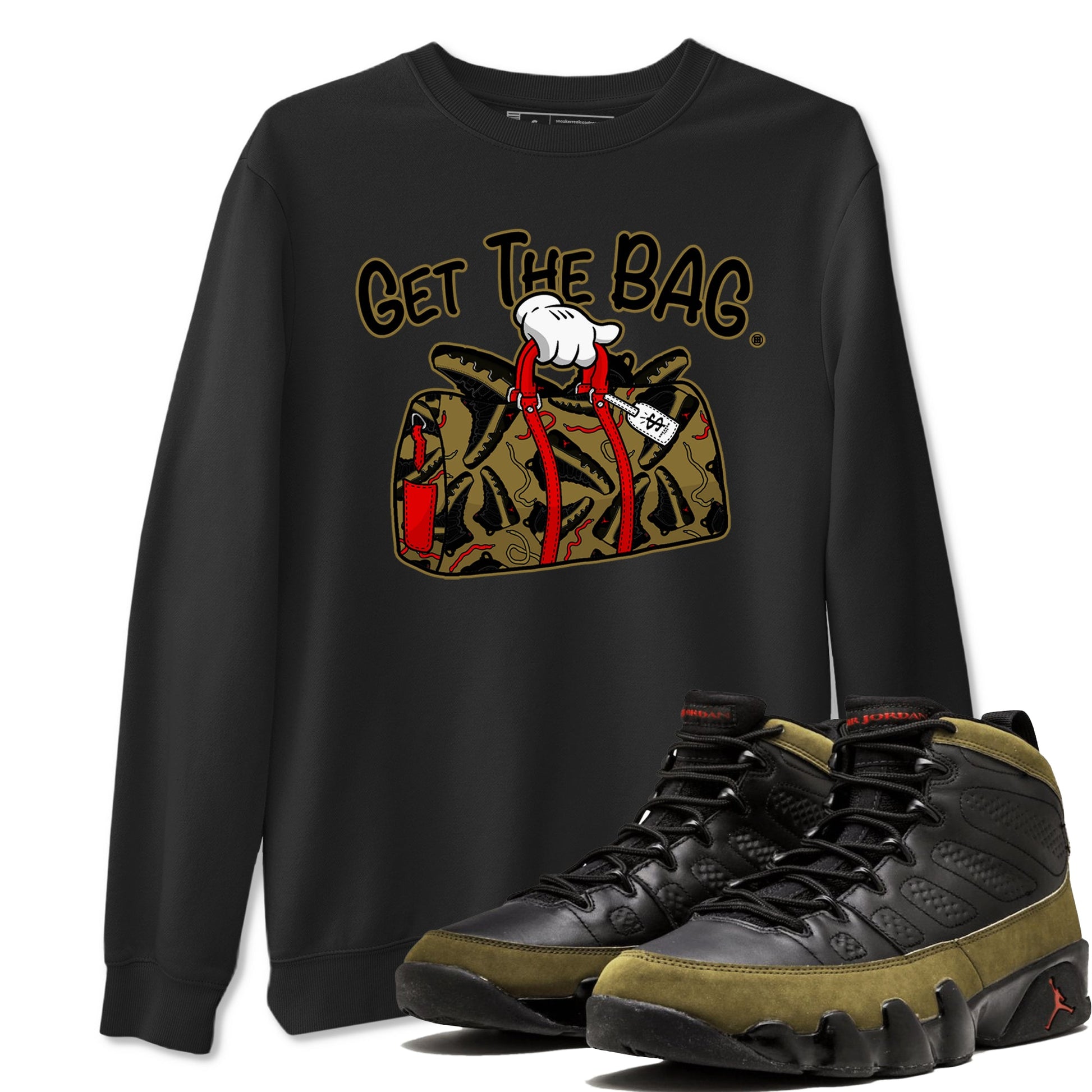 9s Olive shirts to match jordans Get The Bag sneaker match tees Air Jordan 9 Olive match shoes to clothes SNRT Sneaker Tees unisex cotton Black 1 shirts