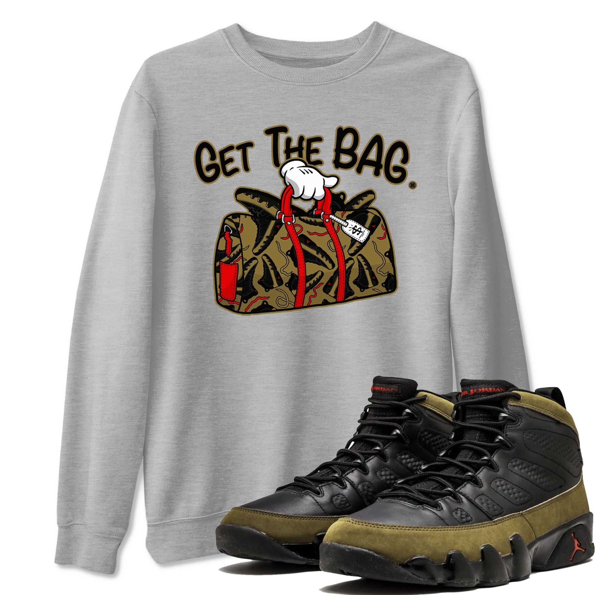 9s Olive shirts to match jordans Get The Bag sneaker match tees Air Jordan 9 Olive match shoes to clothes SNRT Sneaker Tees unisex cotton Heather Grey 1 shirts