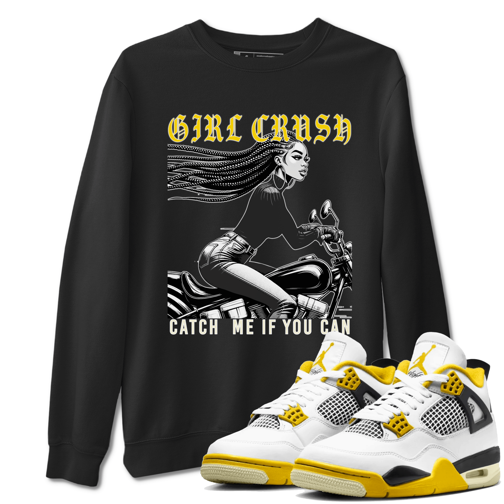 4s Vivid Sulfur shirt to match jordans Girl Crash sneaker tees AJ4 Vivid Sulfur Streetwear Brand SNRT Sneaker Tees unisex cotton Black 1 crew neck shirt