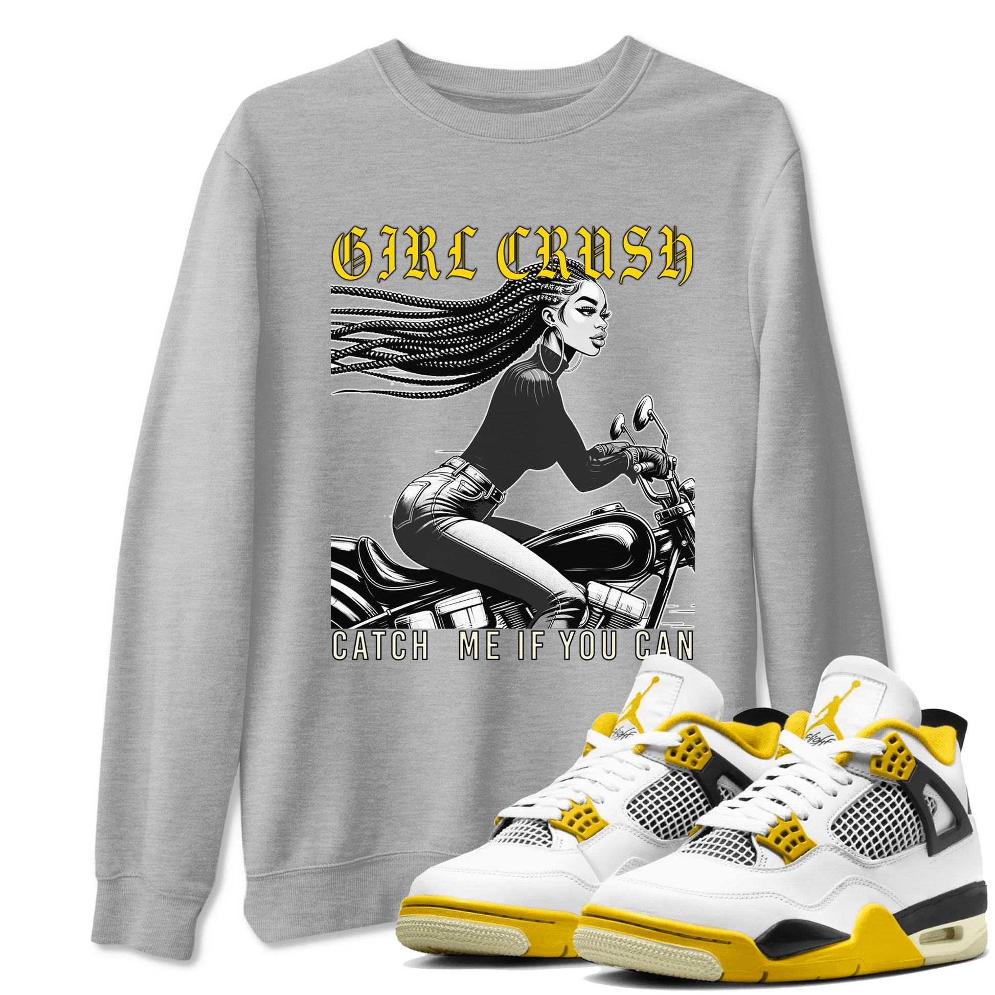 4s Vivid Sulfur shirt to match jordans Girl Crash sneaker tees AJ4 Vivid Sulfur Streetwear Brand SNRT Sneaker Tees unisex cotton Heather Grey 1 crew neck shirt