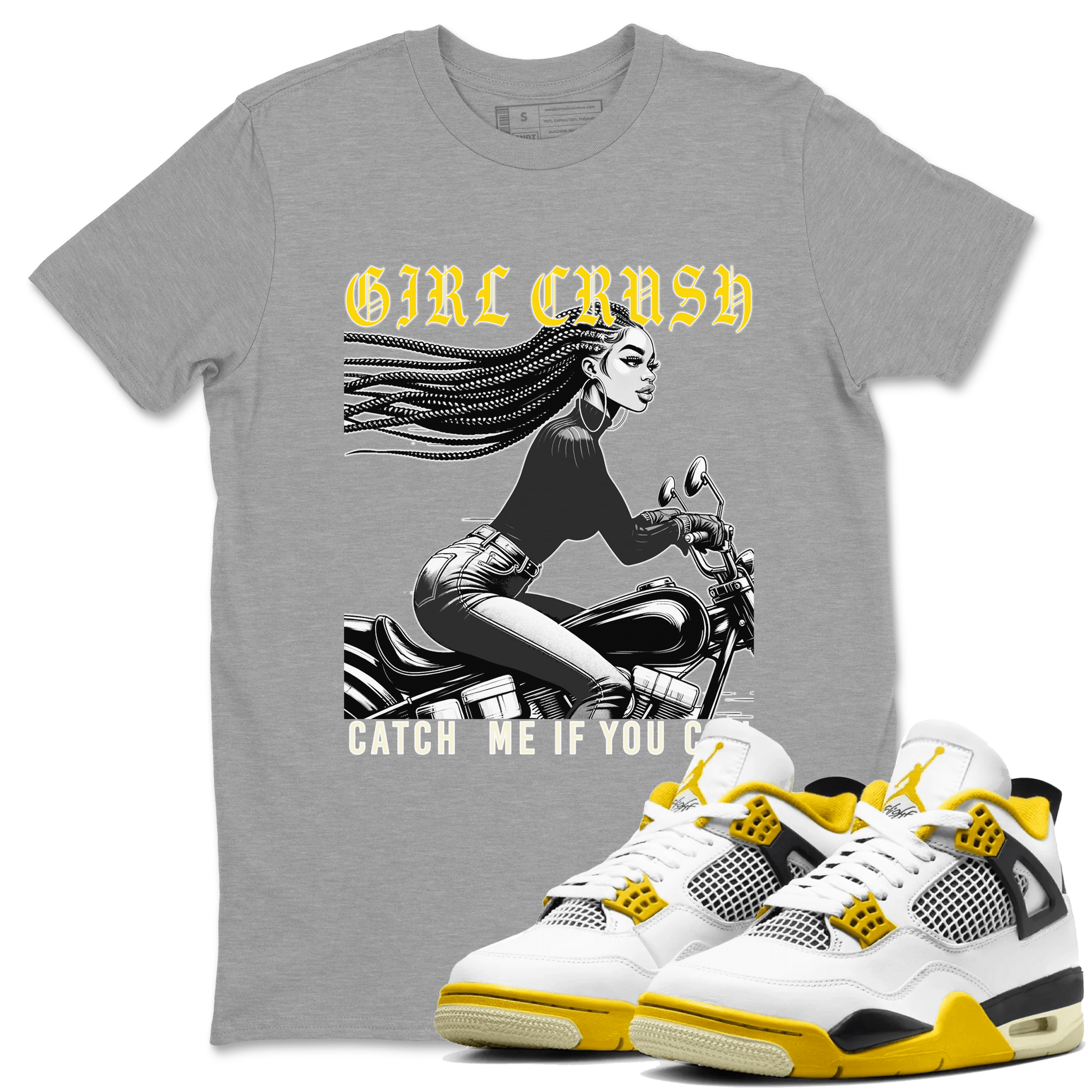 4s Vivid Sulfur shirt to match jordans Girl Crash sneaker tees AJ4 Vivid Sulfur Streetwear Brand SNRT Sneaker Tees unisex cotton Heather Grey 1 crew neck shirt