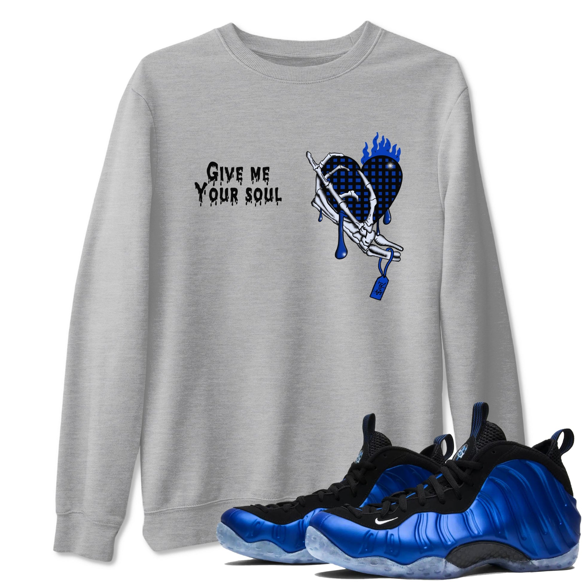 Air Foamposite One Royal shirts to match jordans Give Me Your Soul unique Halloween sneaker tee Air Foamposite One Royal SNRT Sneaker Release Tees unisex cotton Heather Grey 1 crew neck shirts