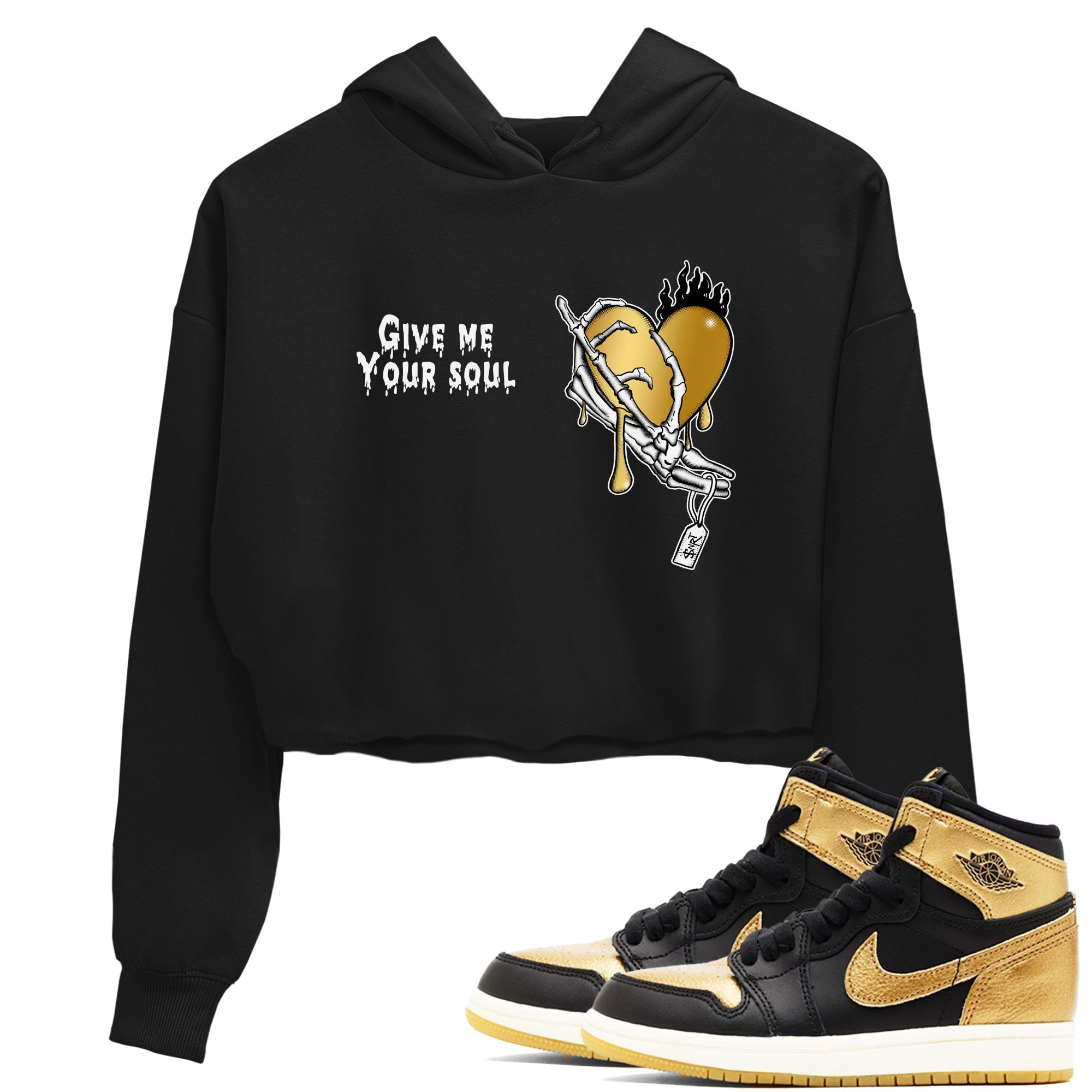 1s Black Metallic Gold shirts to match jordans Give Me Your Soul unique Halloween sneaker tee Jordan 1 High OG Black and Gold SNRT Sneaker Release Tees unisex cotton Black 1 Crop Shirts