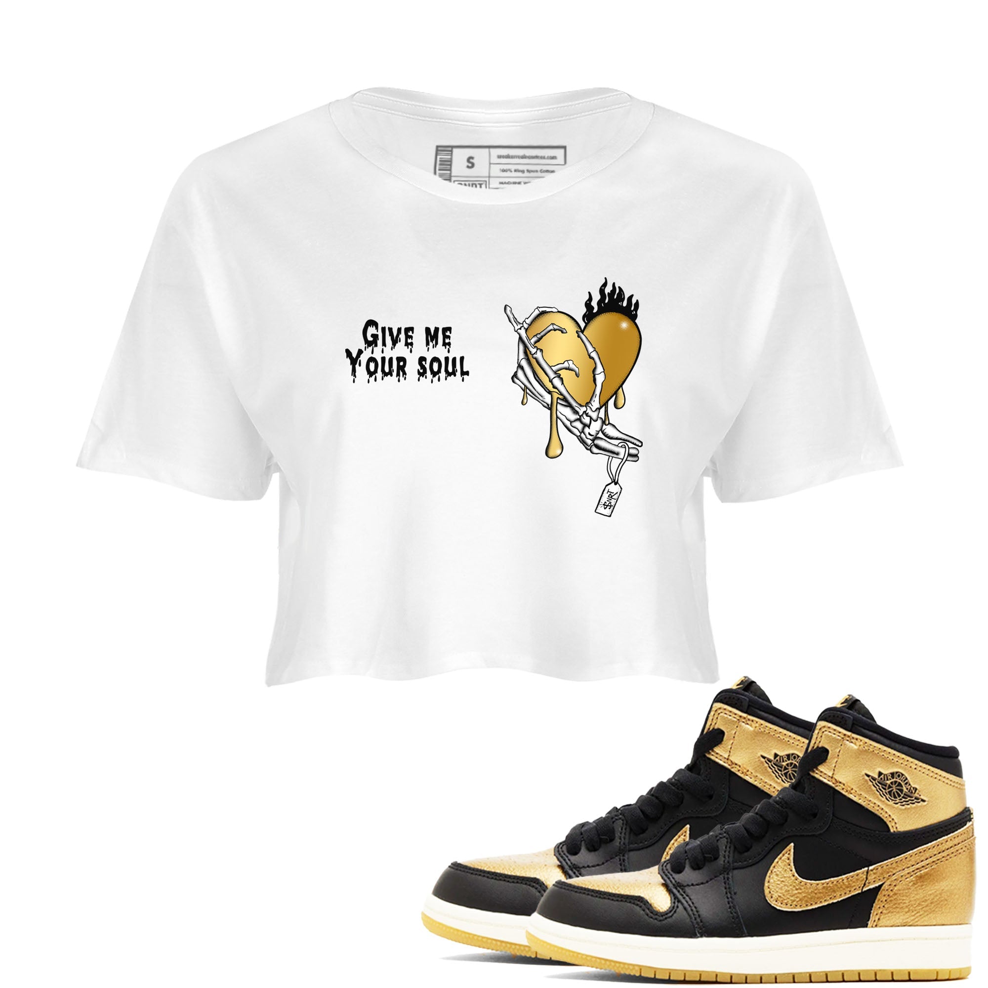 1s Black Metallic Gold shirts to match jordans Give Me Your Soul unique Halloween sneaker tee Jordan 1 High OG Black and Gold SNRT Sneaker Release Tees unisex cotton White 1 Crop Shirts