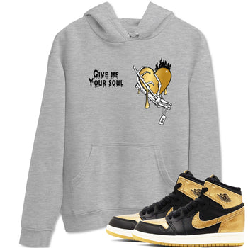 1s Black Metallic Gold shirts to match jordans Give Me Your Soul unique Halloween sneaker tee Jordan 1 High OG Black and Gold SNRT Sneaker Release Tees unisex cotton Heather Grey 1 crew neck shirts