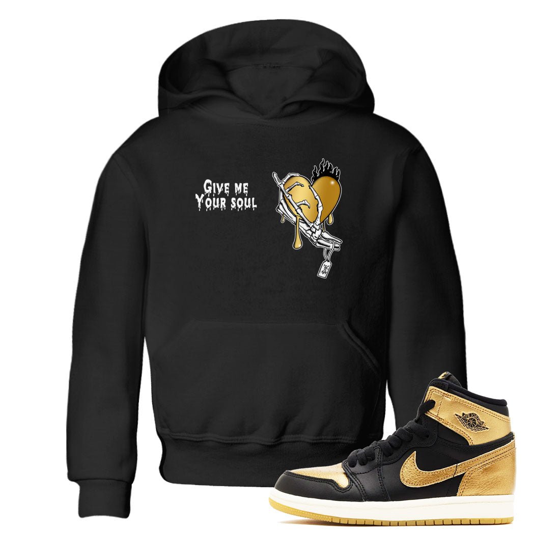 1s Black Metallic Gold shirts to match jordans Give Me Your Soul unique Halloween sneaker tee Jordan 1 High OG Black and Gold SNRT Sneaker Release Tees Youth Baby Black 1 crew neck shirts