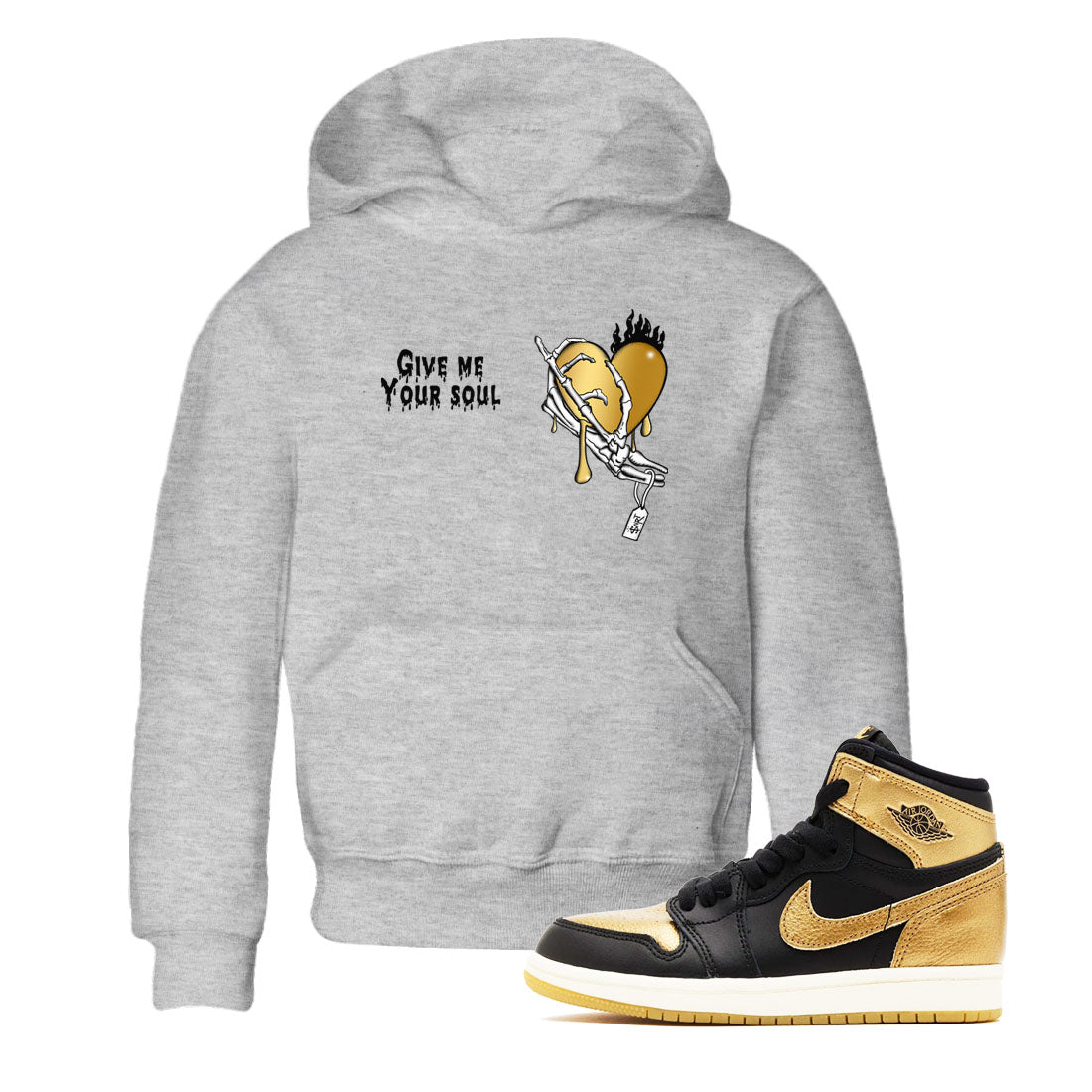 1s Black Metallic Gold shirts to match jordans Give Me Your Soul unique Halloween sneaker tee Jordan 1 High OG Black and Gold SNRT Sneaker Release Tees Youth Baby Heather Grey 1 crew neck shirts