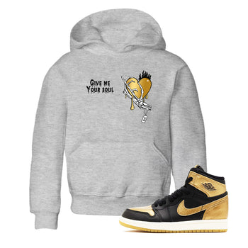 1s Black Metallic Gold shirts to match jordans Give Me Your Soul unique Halloween sneaker tee Jordan 1 High OG Black and Gold SNRT Sneaker Release Tees Youth Baby Heather Grey 1 crew neck shirts