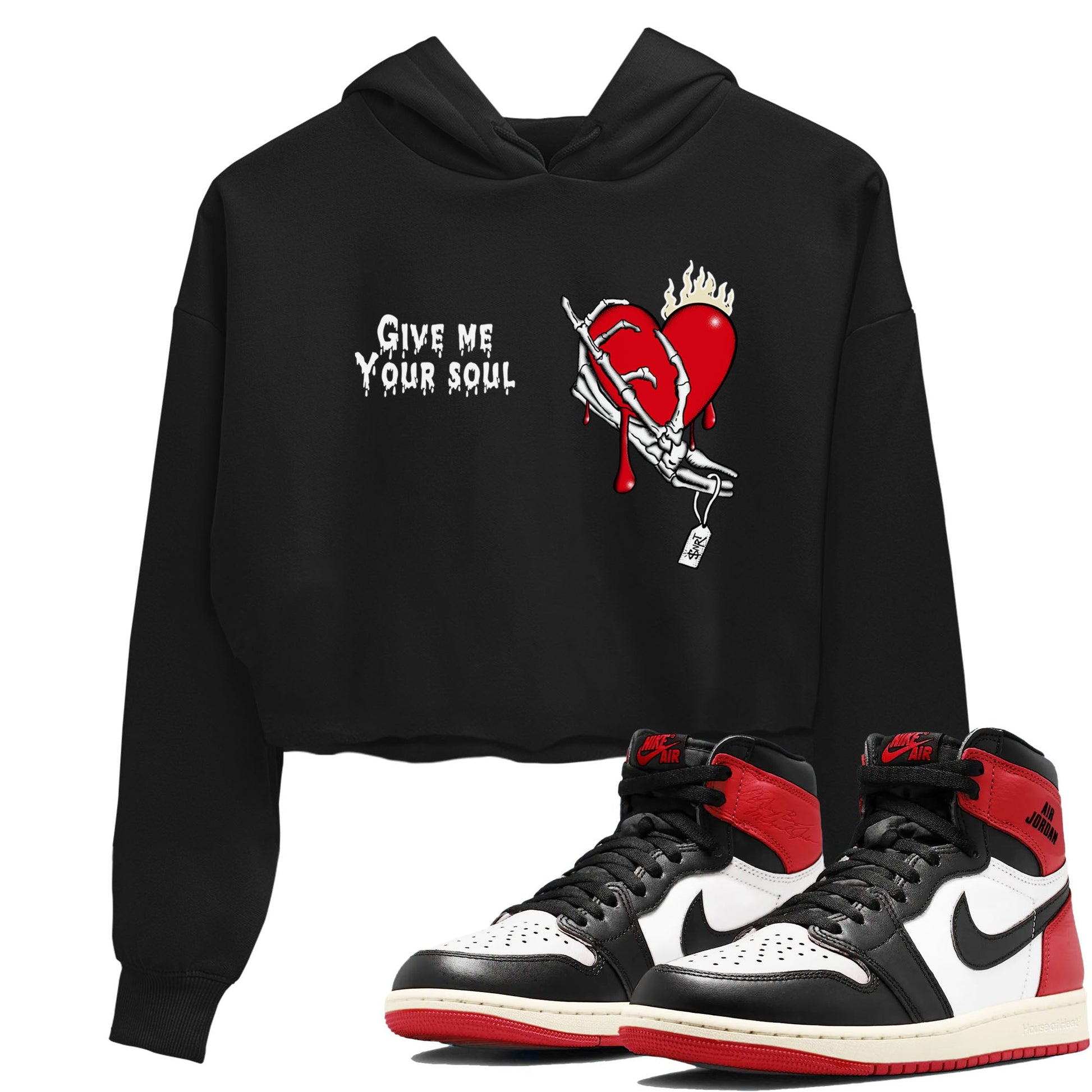 1s Black Toe Reimagined shirts to match jordans Give Me Your Soul unique Halloween sneaker tee Air Jordan 1 Black Toe Reimagined SNRT Sneaker Release Tees unisex cotton Black 1 Crop Shirts