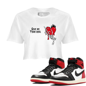 1s Black Toe Reimagined shirts to match jordans Give Me Your Soul unique Halloween sneaker tee Air Jordan 1 Black Toe Reimagined SNRT Sneaker Release Tees unisex cotton White 1 Crop Shirts