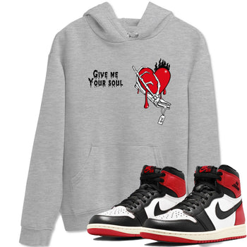 1s Black Toe Reimagined shirts to match jordans Give Me Your Soul unique Halloween sneaker tee Air Jordan 1 Black Toe Reimagined SNRT Sneaker Release Tees unisex cotton Heather Grey 1 crew neck shirts