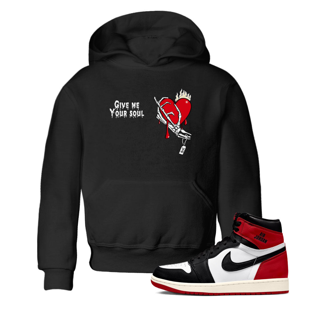 1s Black Toe Reimagined shirts to match jordans Give Me Your Soul unique Halloween sneaker tee Air Jordan 1 Black Toe Reimagined SNRT Sneaker Release Tees Youth Baby Black 1 crew neck shirts