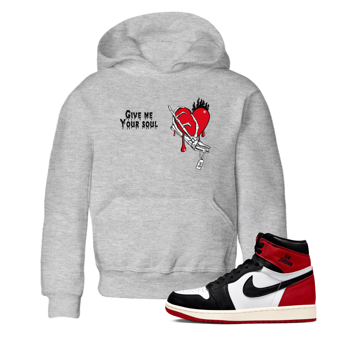 1s Black Toe Reimagined shirts to match jordans Give Me Your Soul unique Halloween sneaker tee Air Jordan 1 Black Toe Reimagined SNRT Sneaker Release Tees Youth Baby Heather Grey 1 crew neck shirts