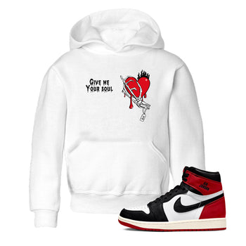 1s Black Toe Reimagined shirts to match jordans Give Me Your Soul unique Halloween sneaker tee Air Jordan 1 Black Toe Reimagined SNRT Sneaker Release Tees Youth Baby White 1 crew neck shirts