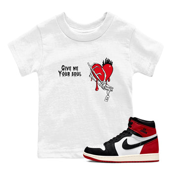 1s Black Toe Reimagined shirts to match jordans Give Me Your Soul unique Halloween sneaker tee Air Jordan 1 Black Toe Reimagined SNRT Sneaker Release Tees Youth Baby White 1 crew neck shirts