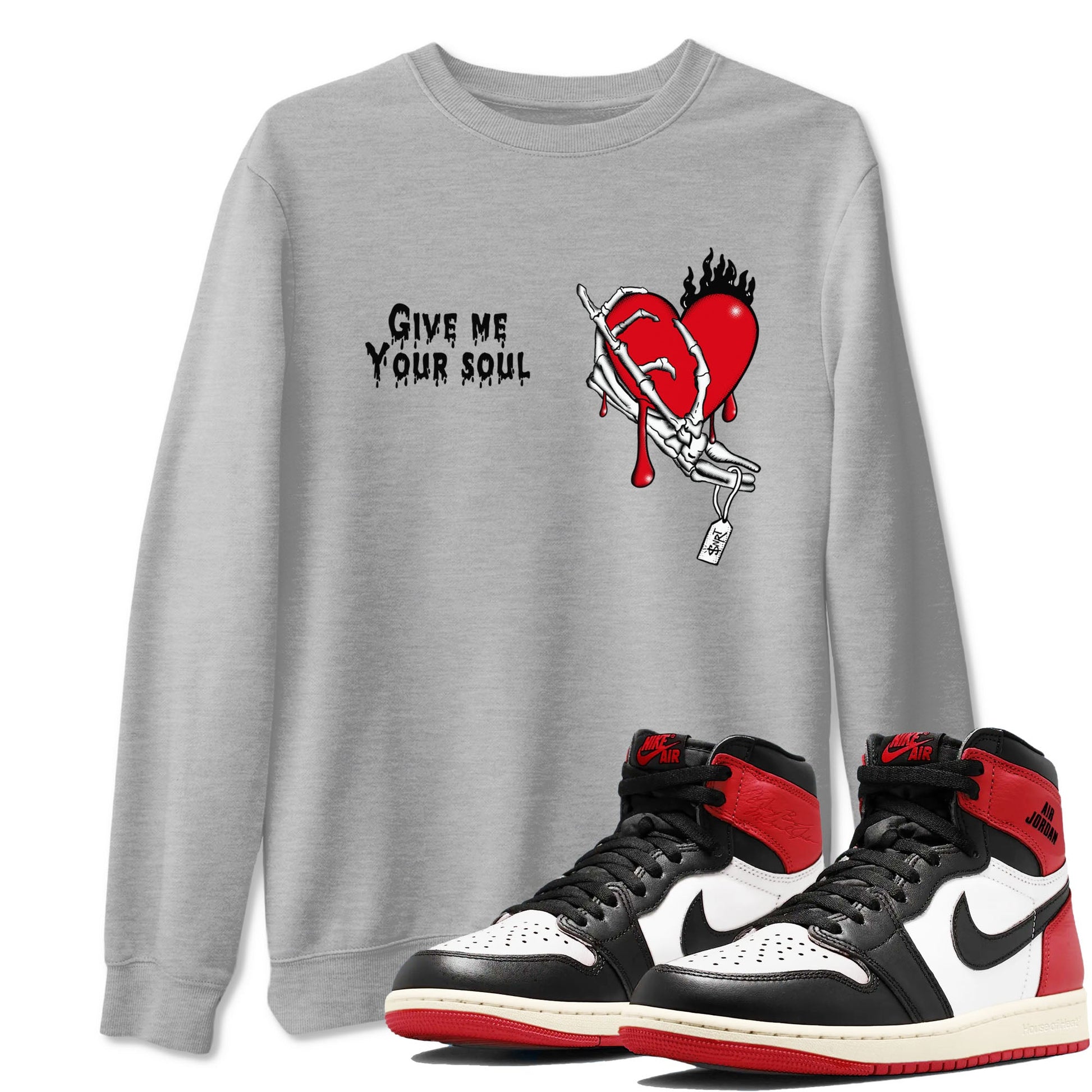 1s Black Toe Reimagined shirts to match jordans Give Me Your Soul unique Halloween sneaker tee Air Jordan 1 Black Toe Reimagined SNRT Sneaker Release Tees unisex cotton Heather Grey 1 crew neck shirts