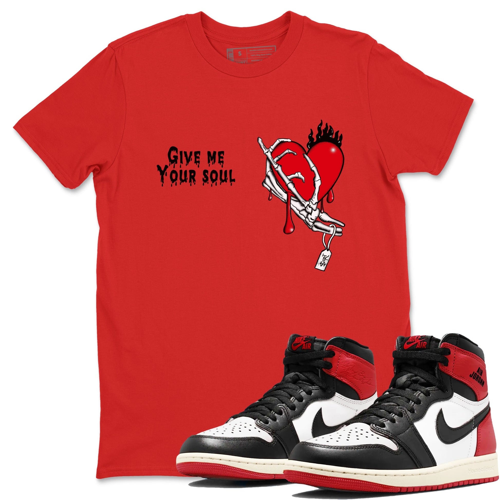 1s Black Toe Reimagined shirts to match jordans Give Me Your Soul unique Halloween sneaker tee Air Jordan 1 Black Toe Reimagined SNRT Sneaker Release Tees unisex cotton Red 1 crew neck shirts