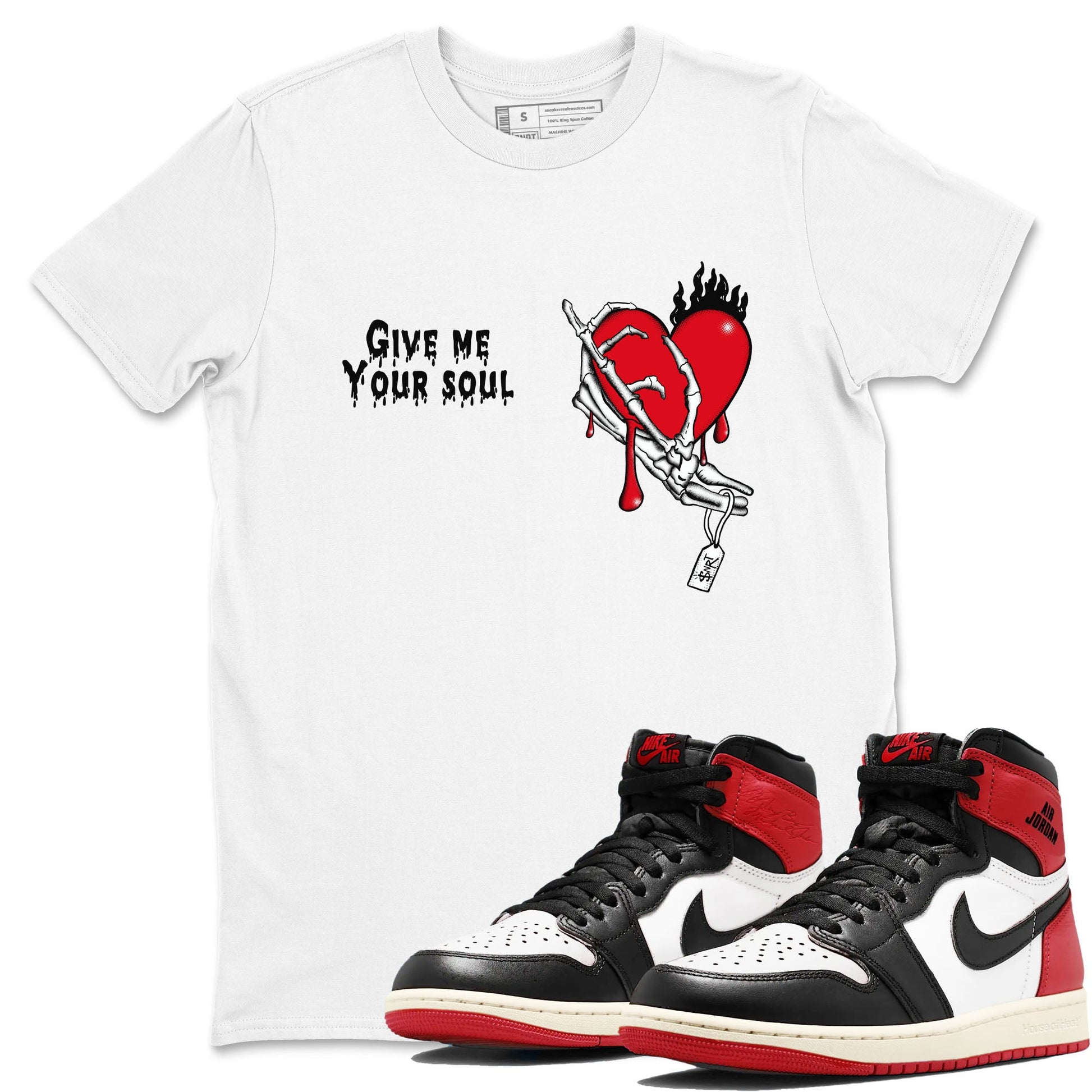 1s Black Toe Reimagined shirts to match jordans Give Me Your Soul unique Halloween sneaker tee Air Jordan 1 Black Toe Reimagined SNRT Sneaker Release Tees unisex cotton White 1 crew neck shirts