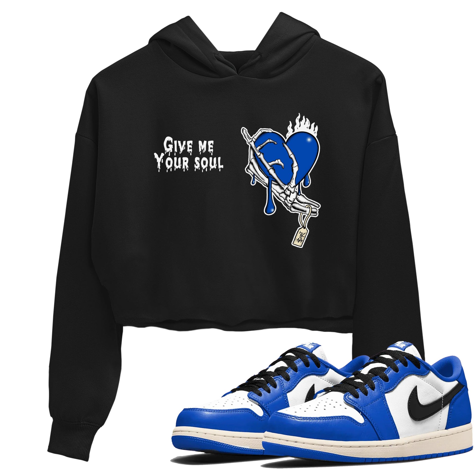 1s Game Royal shirts to match jordans Give Me Your Soul sneaker match tees Air Jordan 1 Retro Low OG Game Royal match shoes to clothes SNRT Sneaker Tees unisex cotton Black 1 crop tee