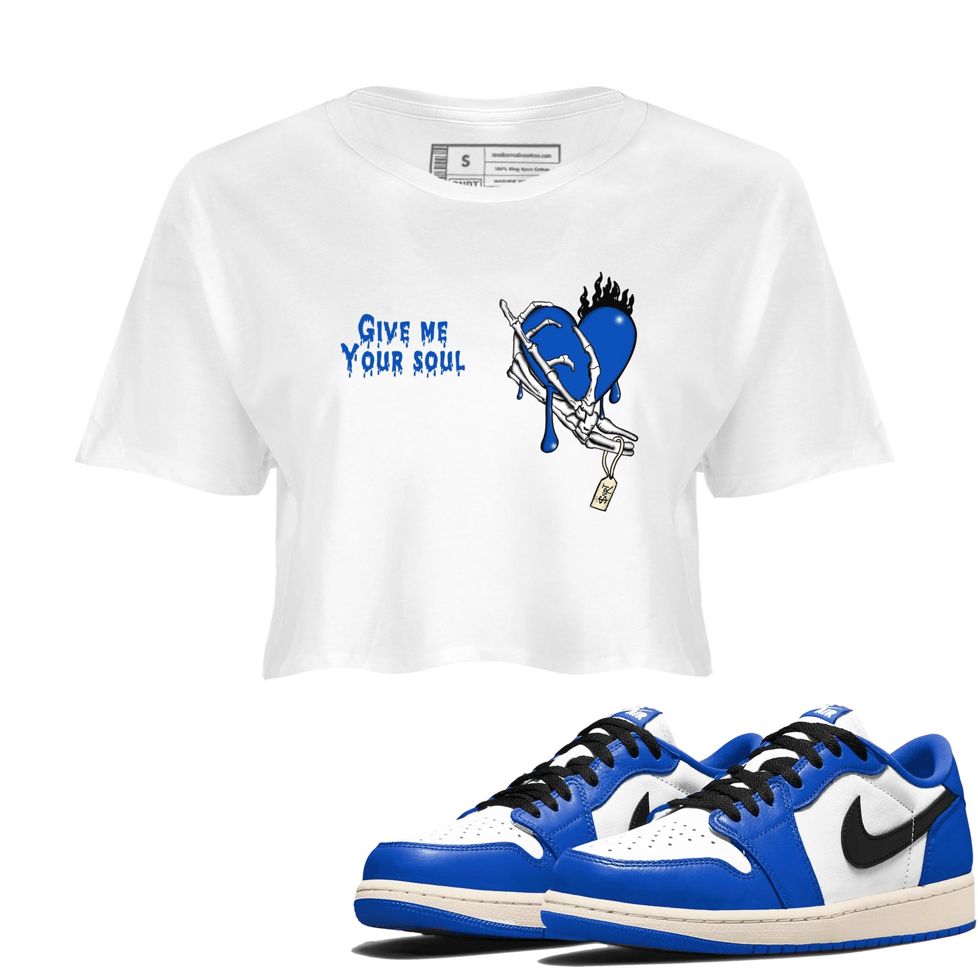 1s Game Royal shirts to match jordans Give Me Your Soul sneaker match tees Air Jordan 1 Retro Low OG Game Royal match shoes to clothes SNRT Sneaker Tees unisex cotton White 1 crop tee