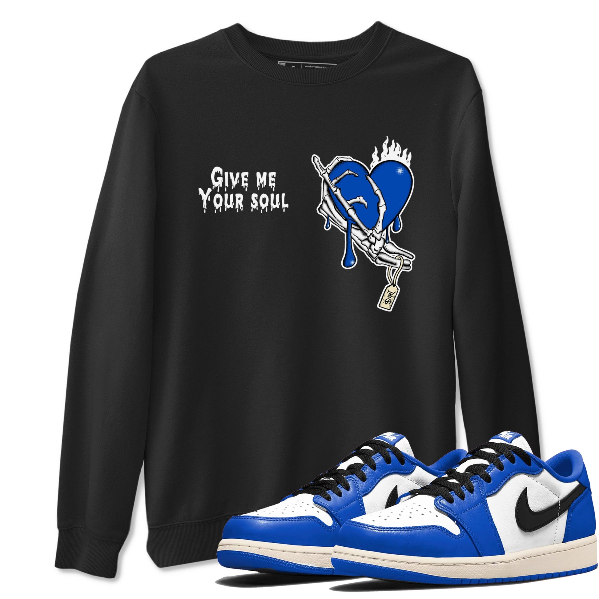 1s Game Royal shirts to match jordans Give Me Your Soul sneaker match tees Air Jordan 1 Retro Low OG Game Royal match shoes to clothes SNRT Sneaker Tees unisex cotton Black 1 shirts
