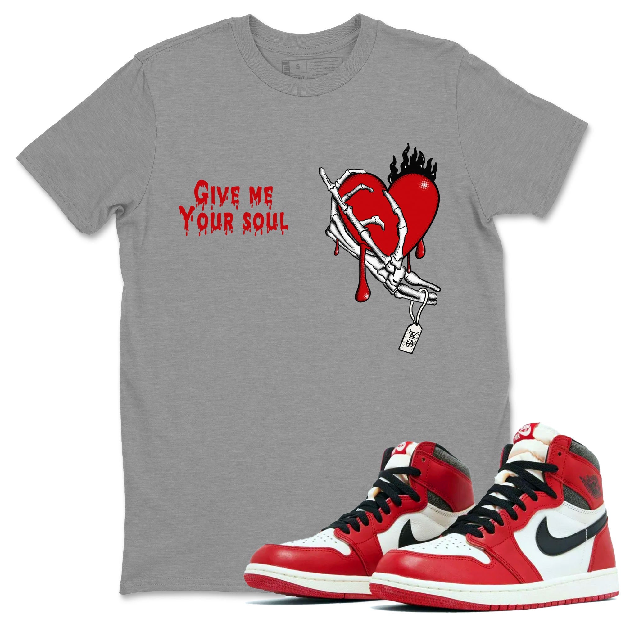 1s Lost & Found shirts to match jordans Give Me Your Soul unique Halloween sneaker tee Air Jordan 1 Lost & Found SNRT Sneaker Release Tees unisex cotton Heather Grey 1 crew neck shirts