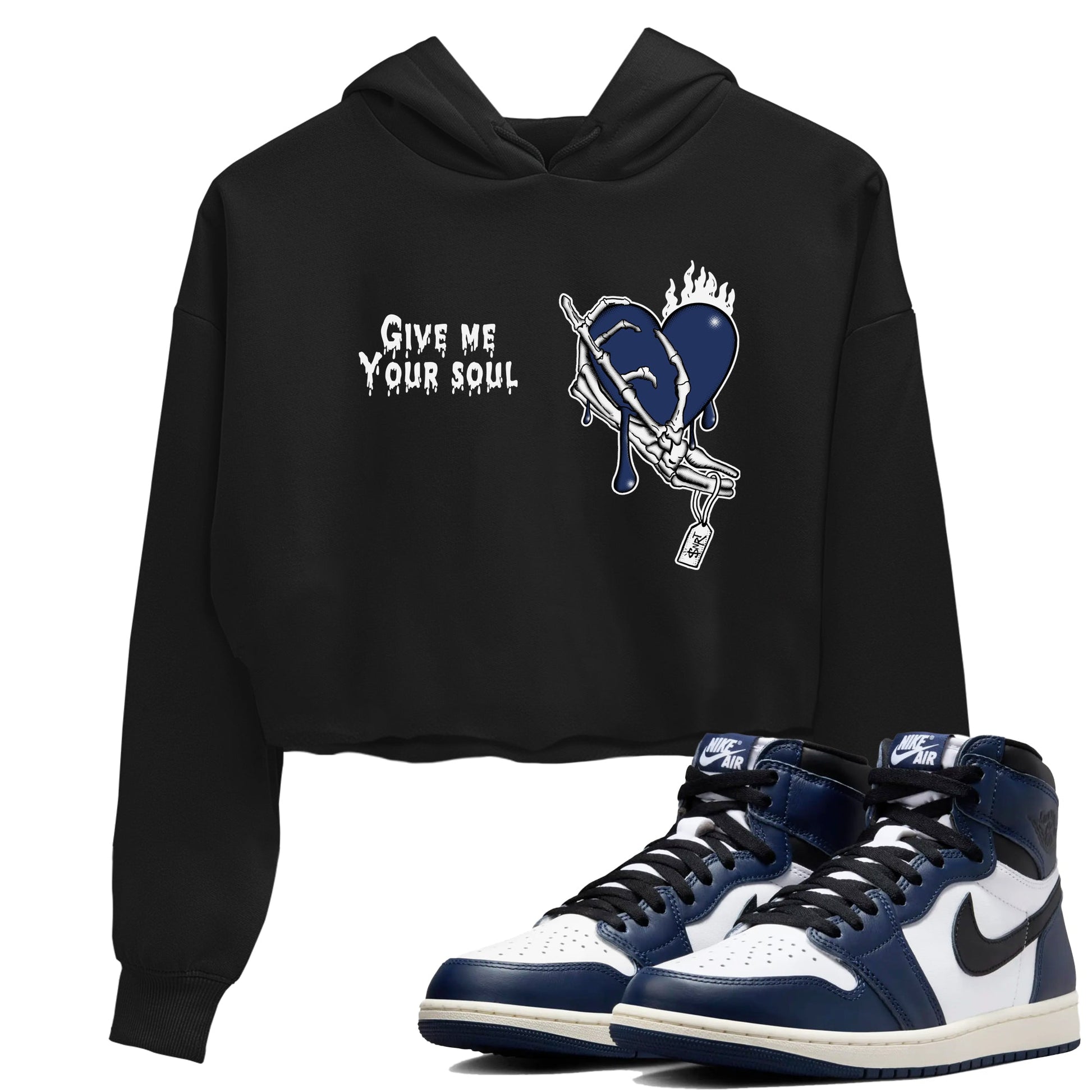 1s Midnight Navy shirts to match jordans Give Me Your Soul unique Halloween sneaker tee Air Jordan 1 Midnight Navy match shoes to clothes SNRT Sneaker Tees unisex cotton Black 1 crop tee