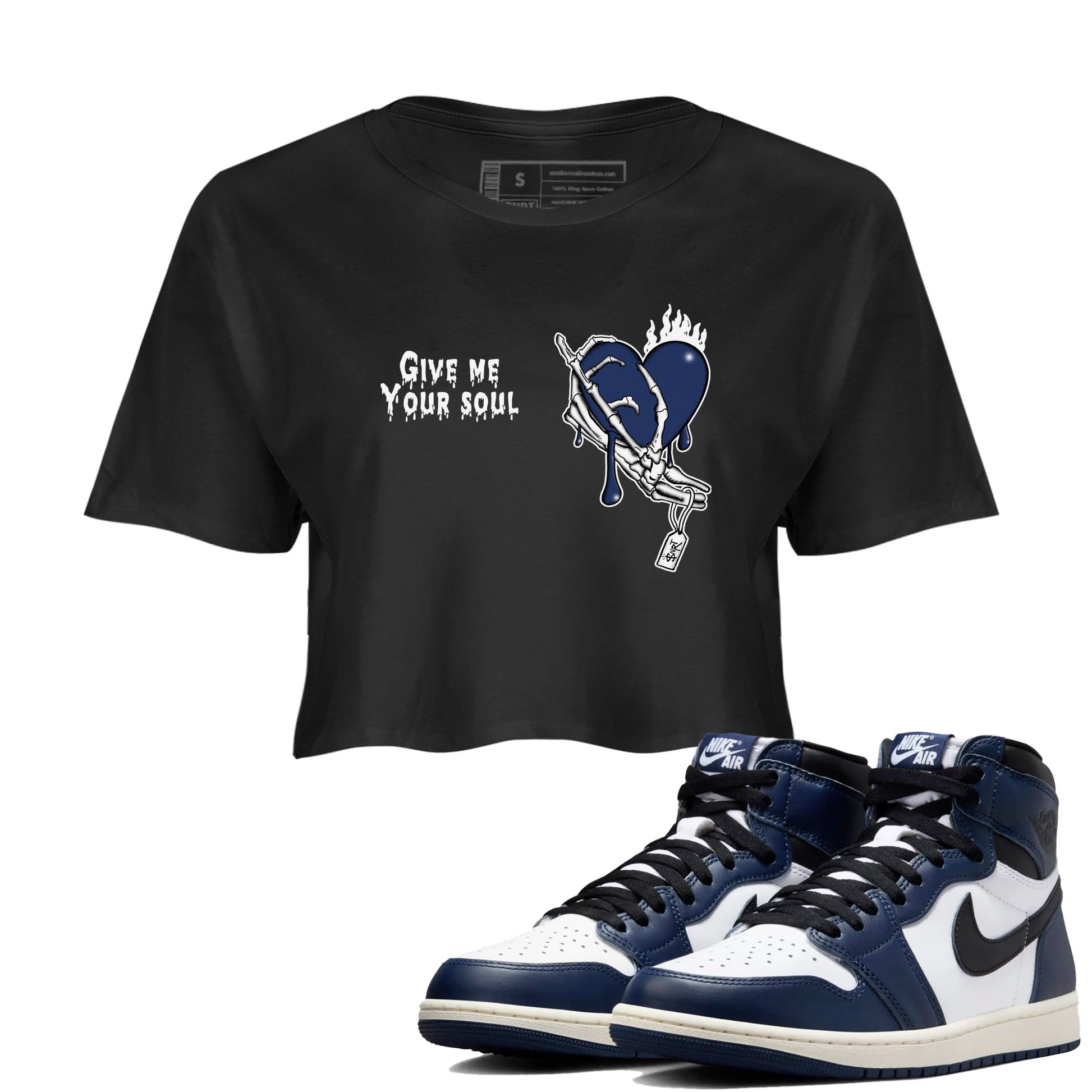 1s Midnight Navy shirts to match jordans Give Me Your Soul unique Halloween sneaker tee Air Jordan 1 Midnight Navy match shoes to clothes SNRT Sneaker Tees unisex cotton Black 1 crop tee