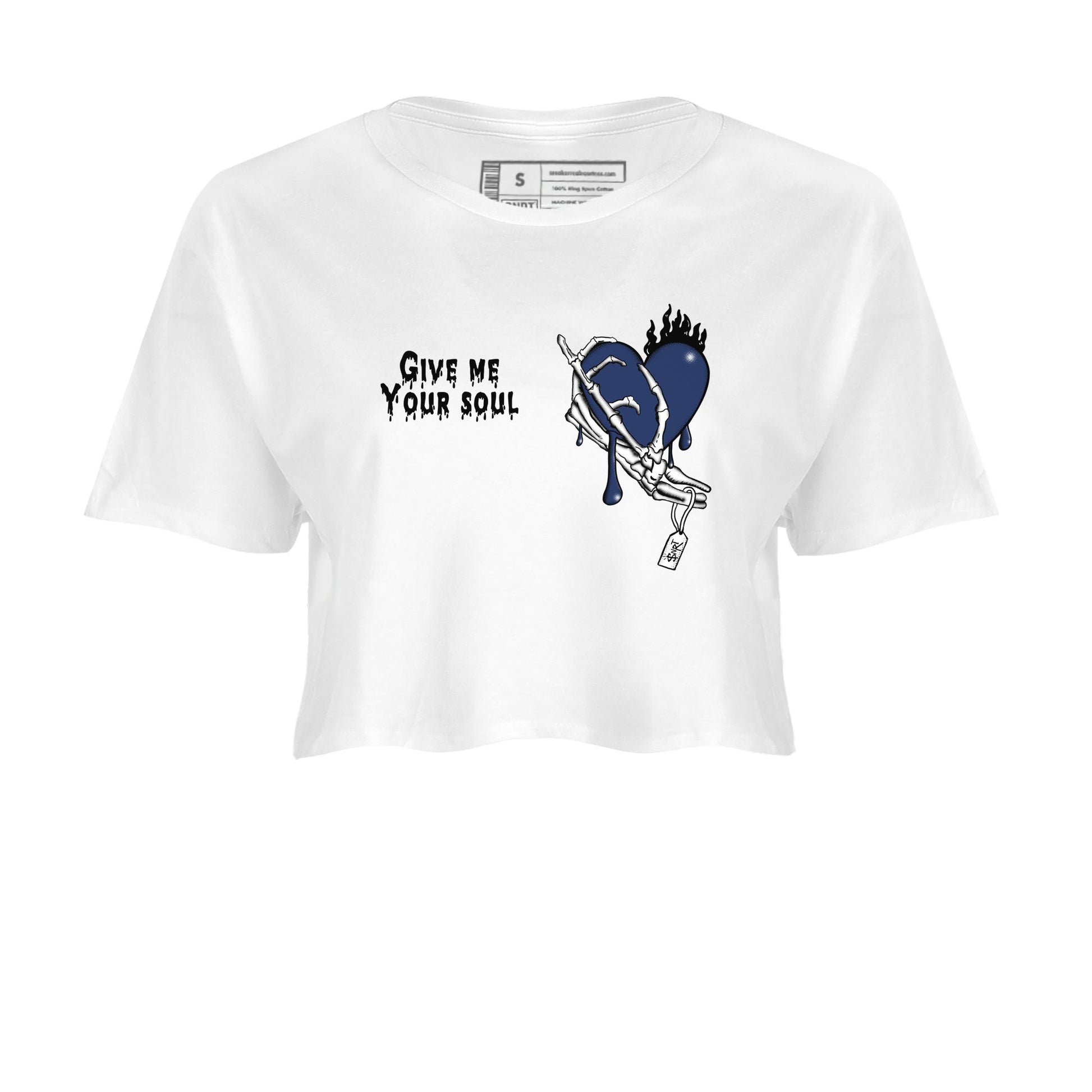 1s Midnight Navy shirts to match jordans Give Me Your Soul unique Halloween sneaker tee Air Jordan 1 Midnight Navy match shoes to clothes SNRT Sneaker Tees unisex cotton White 2 crop tee
