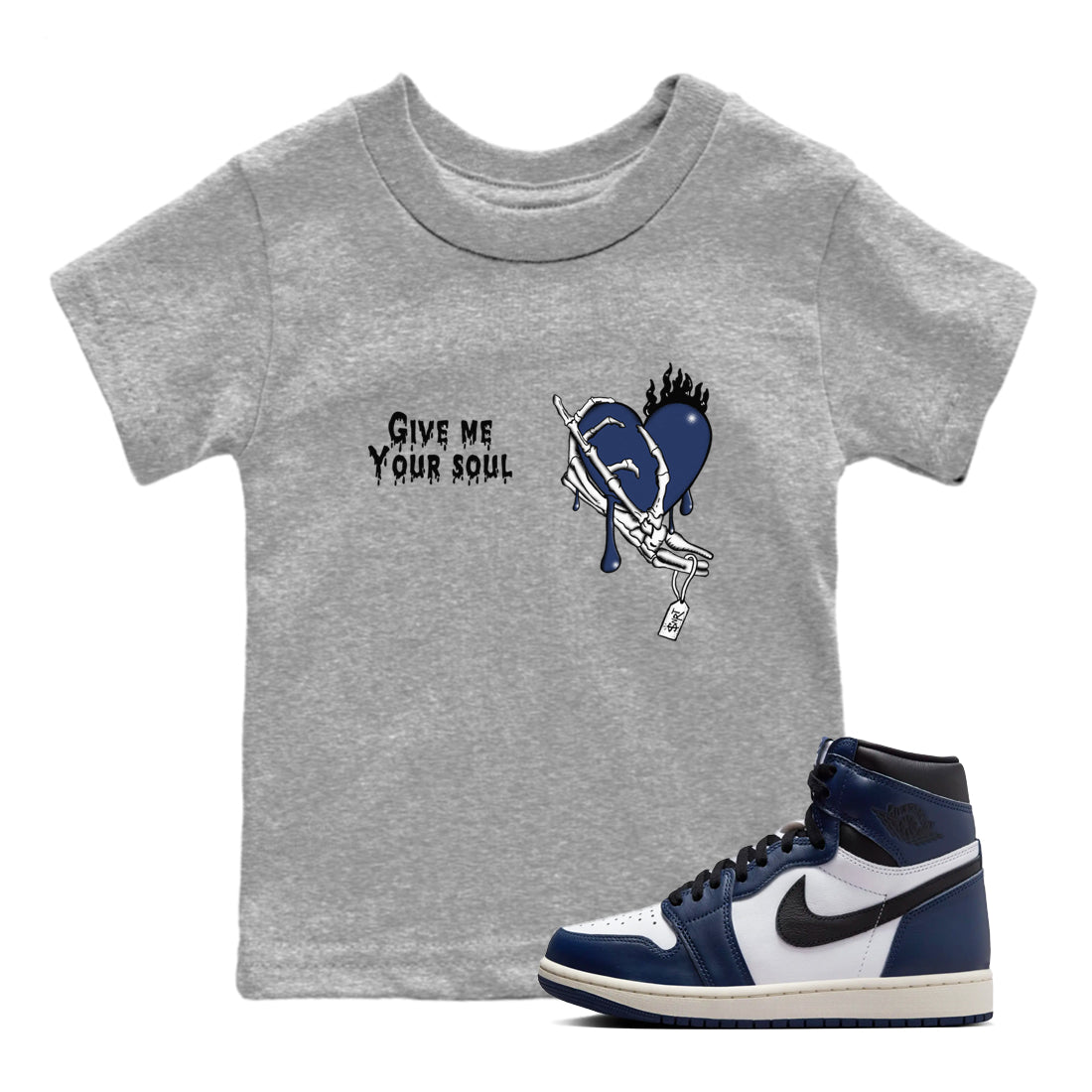 1s Midnight Navy shirts to match jordans Give Me Your Soul unique Halloween sneaker tee Air Jordan 1 Midnight Navy match shoes to clothes SNRT Sneaker Tees Youth Baby Heather Grey 1 tee