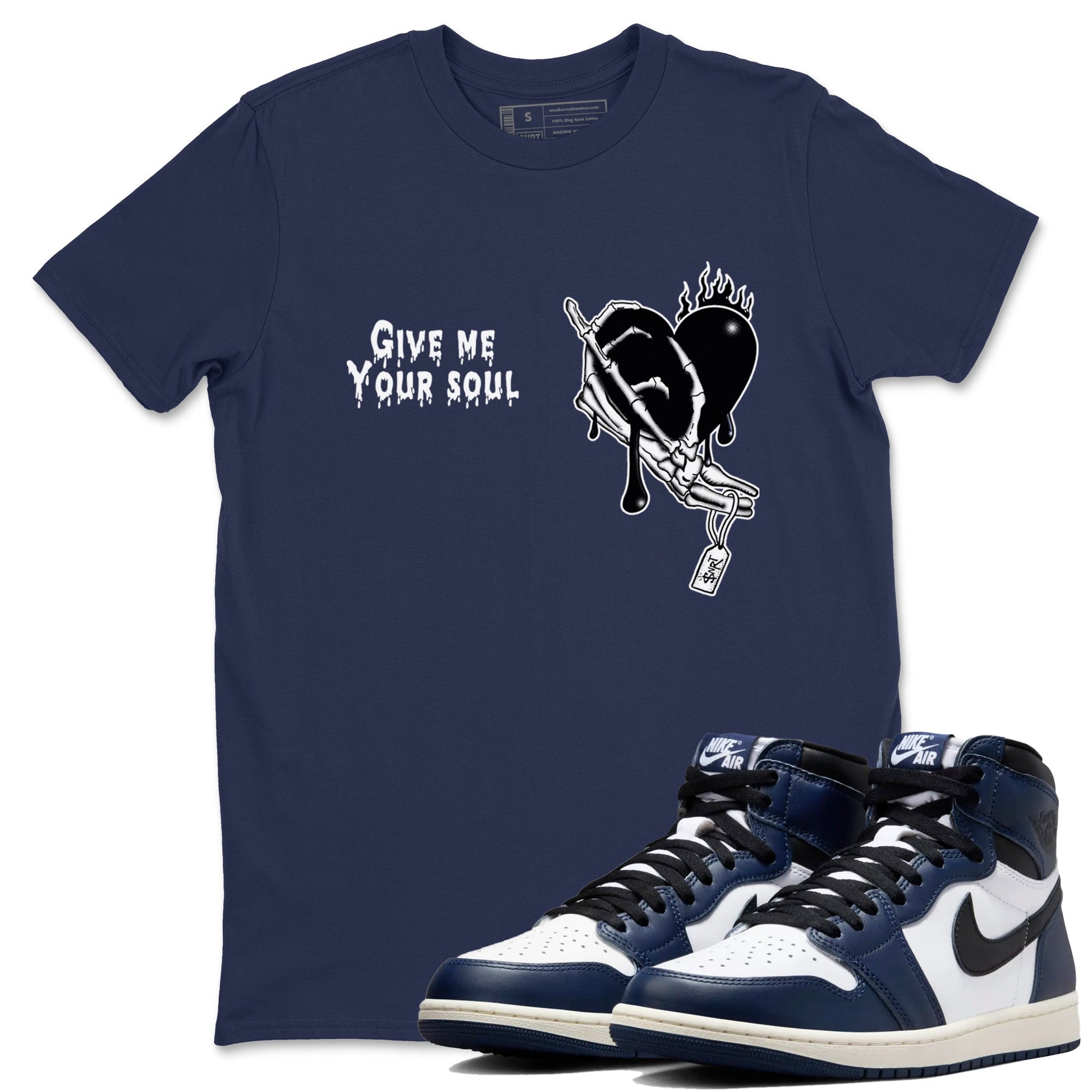 1s Midnight Navy shirts to match jordans Give Me Your Soul unique Halloween sneaker tee Air Jordan 1 Midnight Navy match shoes to clothes SNRT Sneaker Tees unisex cotton Navy 1 shirts