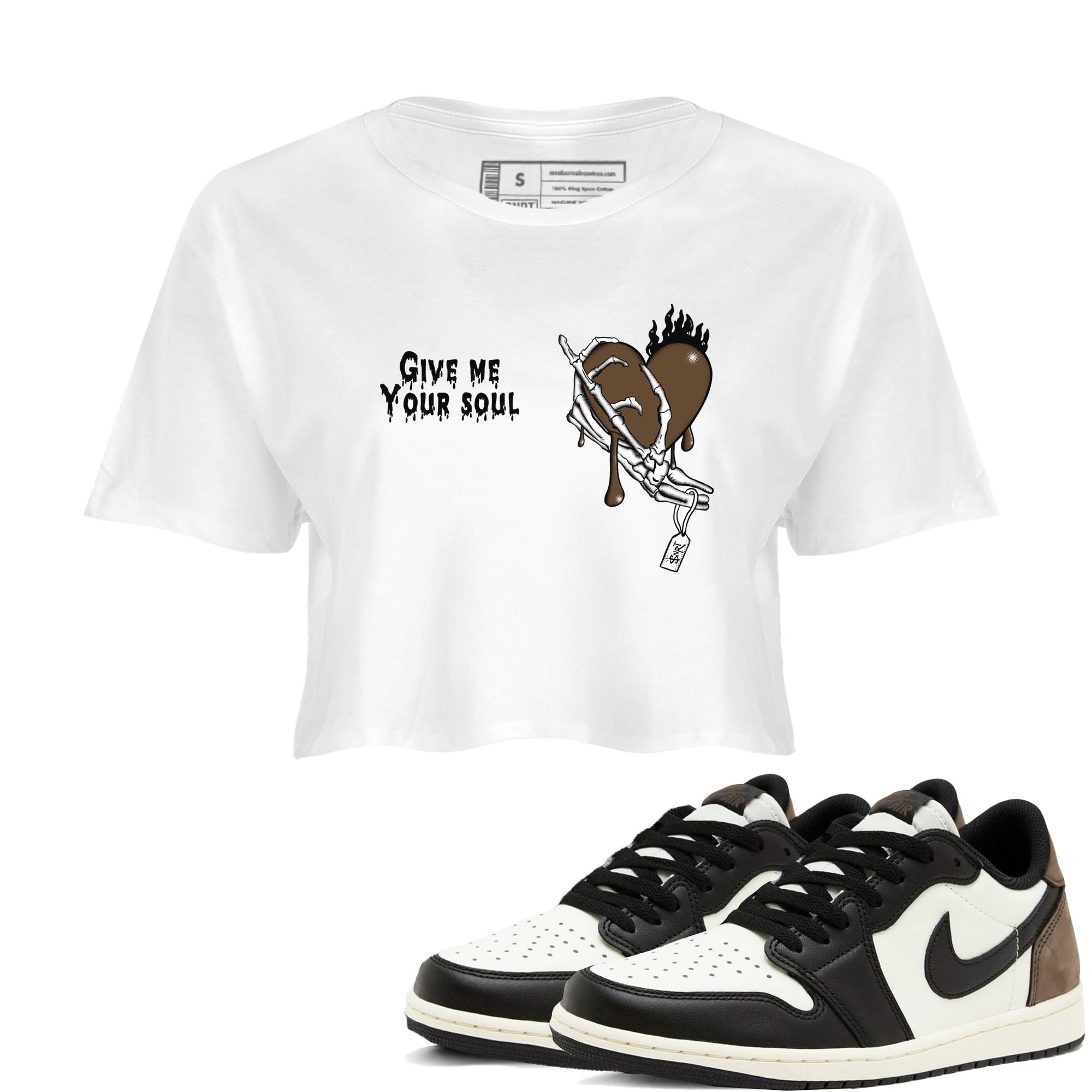 1s Mocha shirts to match jordans Give Me Your Soul unique Halloween sneaker tee Air Jordan 1 Mocha SNRT Sneaker Release Tees unisex cotton White 1 Crop Shirts
