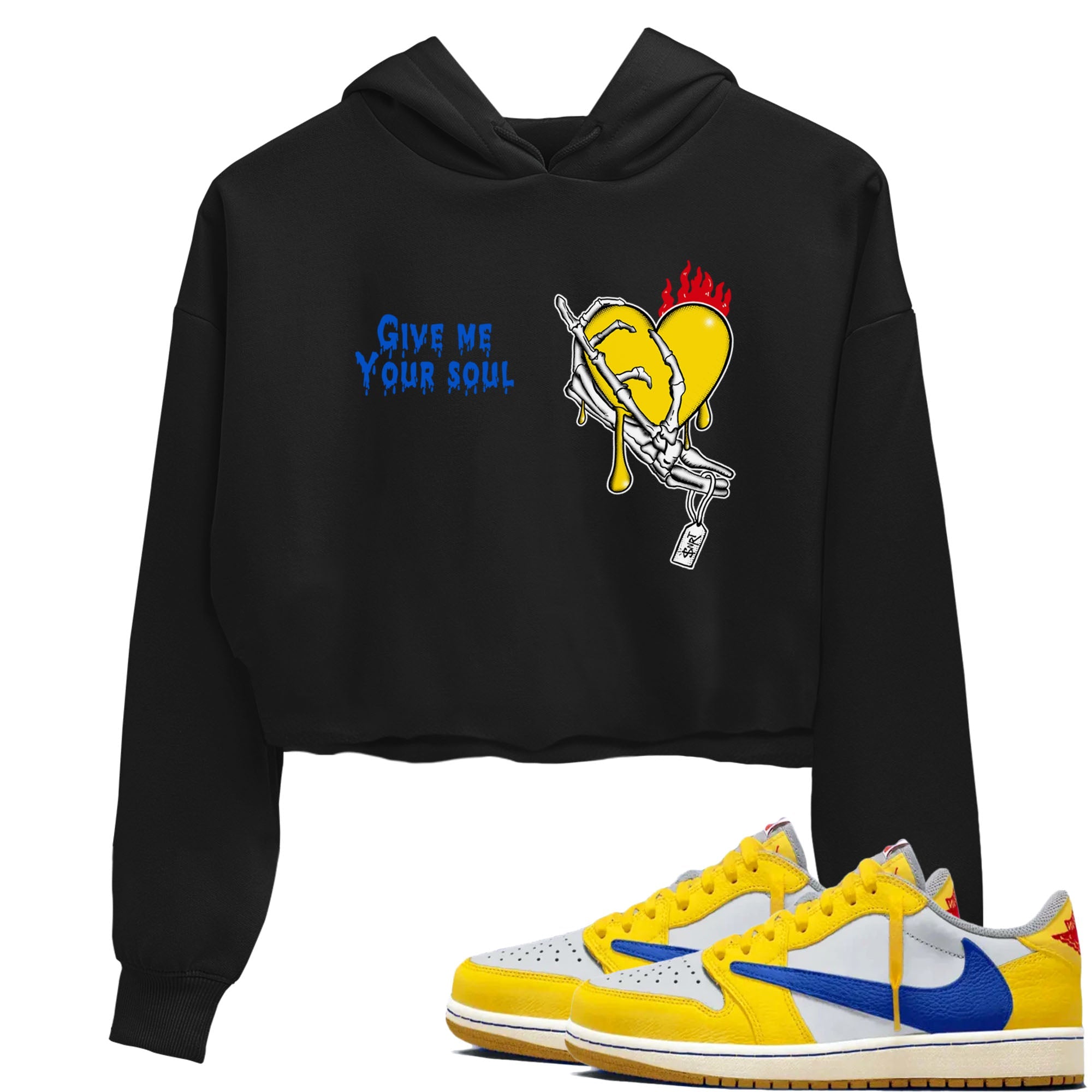 1s Travis Scott Canary shirts to match jordans Give Me Your Soul unique Halloween sneaker tee Air Jordan 1 Travis Scott Canary SNRT Sneaker Release Tees unisex cotton Black 1 Crop Shirts