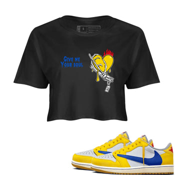 1s Travis Scott Canary shirts to match jordans Give Me Your Soul unique Halloween sneaker tee Air Jordan 1 Travis Scott Canary SNRT Sneaker Release Tees unisex cotton Black 1 Crop Shirts