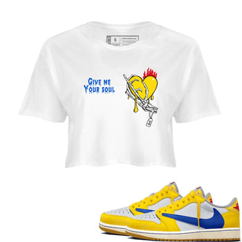 1s Travis Scott Canary shirts to match jordans Give Me Your Soul unique Halloween sneaker tee Air Jordan 1 Travis Scott Canary SNRT Sneaker Release Tees unisex cotton White 1 Crop Shirts