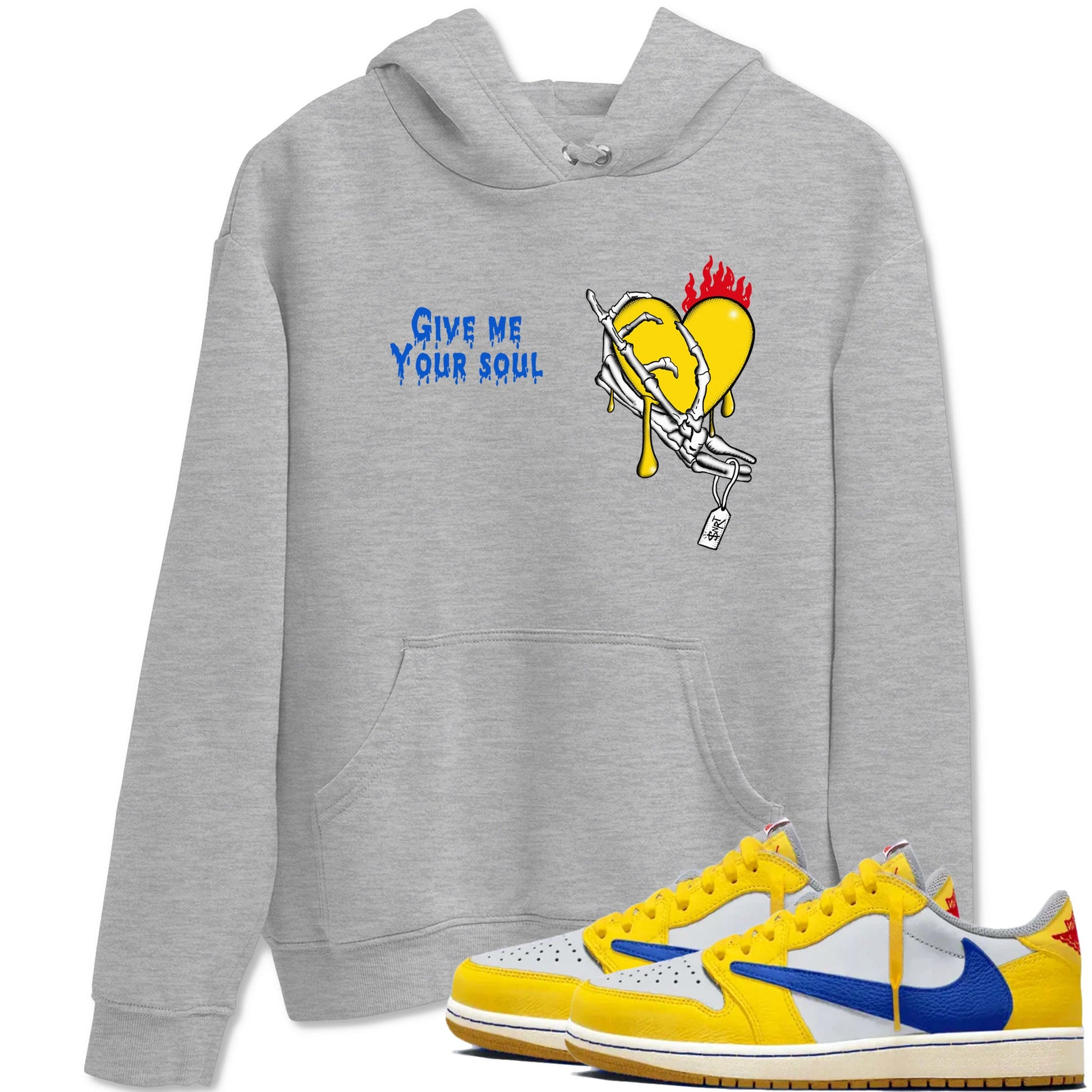 1s Travis Scott Canary shirts to match jordans Give Me Your Soul unique Halloween sneaker tee Air Jordan 1 Travis Scott Canary SNRT Sneaker Release Tees unisex cotton Heather Grey 1 crew neck shirts