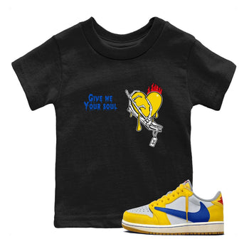 1s Travis Scott Canary shirts to match jordans Give Me Your Soul unique Halloween sneaker tee Air Jordan 1 Travis Scott Canary SNRT Sneaker Release Tees Youth Baby Black 1 crew neck shirts