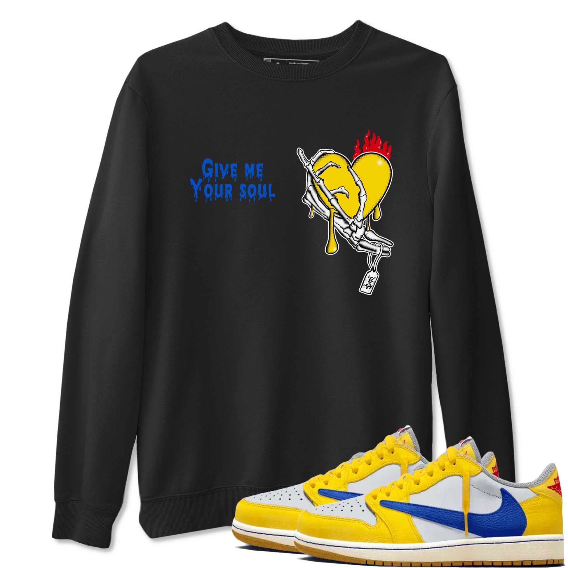 1s Travis Scott Canary shirts to match jordans Give Me Your Soul unique Halloween sneaker tee Air Jordan 1 Travis Scott Canary SNRT Sneaker Release Tees unisex cotton Black 1 crew neck shirts