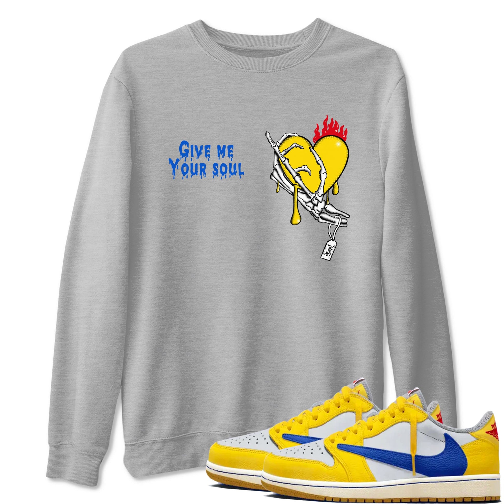 1s Travis Scott Canary shirts to match jordans Give Me Your Soul unique Halloween sneaker tee Air Jordan 1 Travis Scott Canary SNRT Sneaker Release Tees unisex cotton Heather Grey 1 crew neck shirts