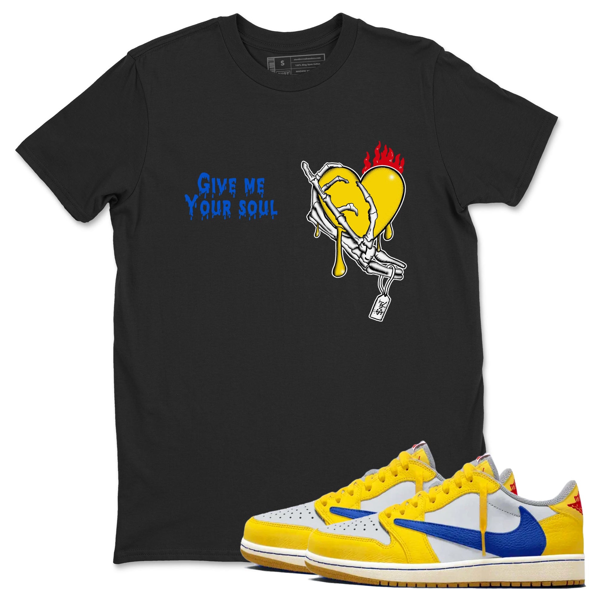 1s Travis Scott Canary shirts to match jordans Give Me Your Soul unique Halloween sneaker tee Air Jordan 1 Travis Scott Canary SNRT Sneaker Release Tees unisex cotton Black 1 crew neck shirts