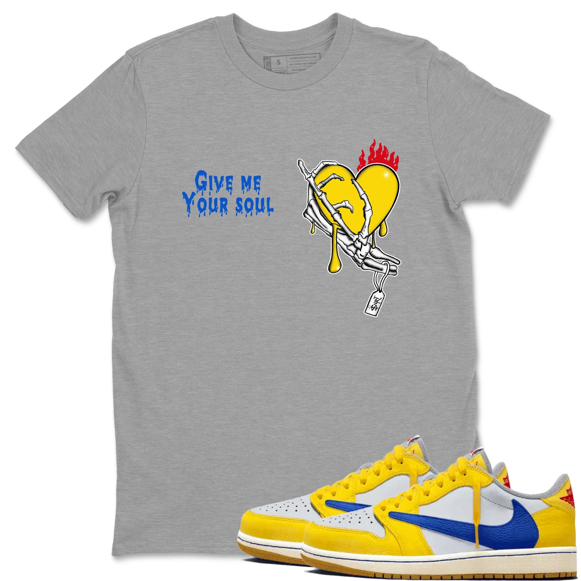 1s Travis Scott Canary shirts to match jordans Give Me Your Soul unique Halloween sneaker tee Air Jordan 1 Travis Scott Canary SNRT Sneaker Release Tees unisex cotton Heather Grey 1 crew neck shirts