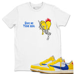 1s Travis Scott Canary shirts to match jordans Give Me Your Soul unique Halloween sneaker tee Air Jordan 1 Travis Scott Canary SNRT Sneaker Release Tees unisex cotton White 1 crew neck shirts