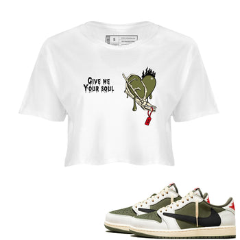1s Travis Scott Medium Olive shirts to match jordans Give Me Your Soul unique Halloween sneaker tee Air Jordan 1 Travis Scott Medium Olive SNRT Sneaker Release Tees unisex cotton White 1 Crop Shirts
