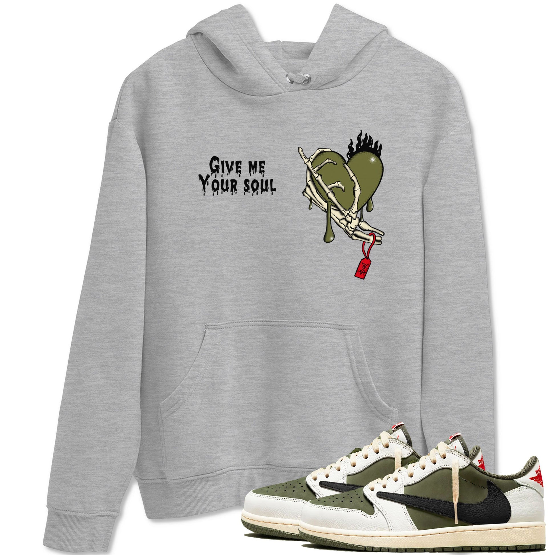 1s Travis Scott Medium Olive shirts to match jordans Give Me Your Soul unique Halloween sneaker tee Air Jordan 1 Travis Scott Medium Olive SNRT Sneaker Release Tees unisex cotton Heather Grey 1 crew neck shirts