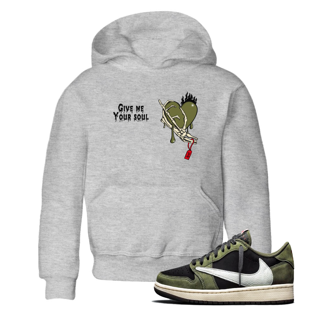 1s Travis Scott Medium Olive shirts to match jordans Give Me Your Soul unique Halloween sneaker tee Air Jordan 1 Travis Scott Medium Olive SNRT Sneaker Release Tees Youth Baby Heather Grey 1 crew neck shirts